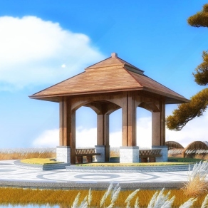 中式防腐木亭3D模型下载